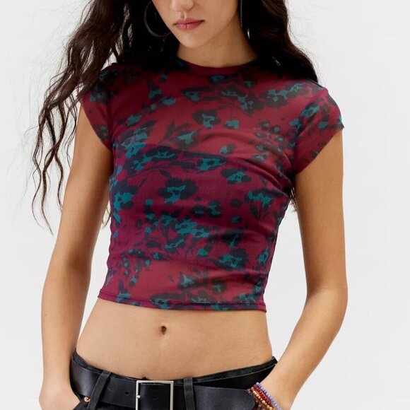 NWT UO Urban Renewal Remnants Mesh Red Animal Print Baby Tee - Picture 1 of 5